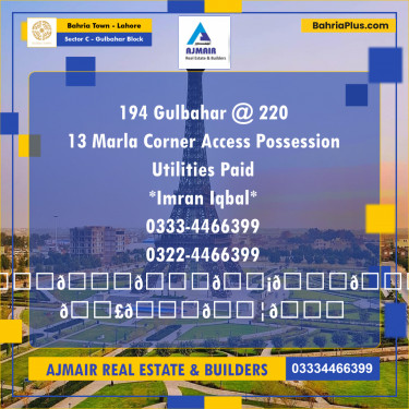 13 Marla Residential Plot for Sale in Sector C - Gulbahar Block -  Bahria Town, Lahore - (BP-312435)