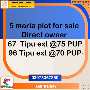 5 Marla Residential Plot for Sale in Sector F - Tipu Sultan Ext. -  Bahria Town, Lahore - (BP-312597)