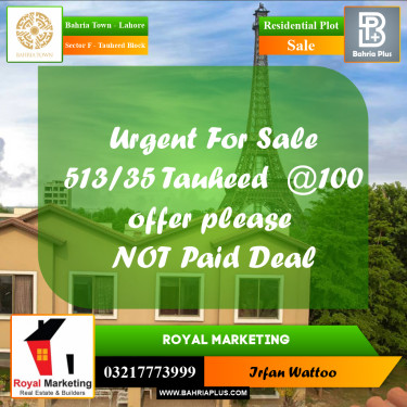 10 Marla Residential Plot for Sale in Sector F - Tauheed Block -  Bahria Town, Lahore - (BP-312652)