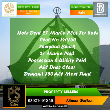 27 Marla Residential Plot for Sale in Sector F - Shershah Block -  Bahria Town, Lahore - (BP-312999)
