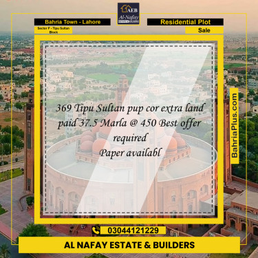 1 Kanal Residential Plot for Sale in Sector F - Tipu Sultan Block -  Bahria Town, Lahore - (BP-313097)