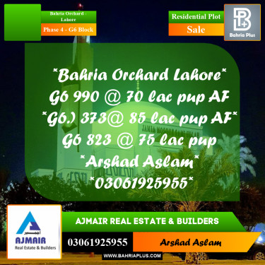 10 Marla Residential Plot for Sale in Phase 4 - G6 Block -  Bahria Orchard, Lahore - (BP-313392)