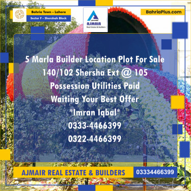 5 Marla Residential Plot for Sale in Sector F - Shershah Block -  Bahria Town, Lahore - (BP-313496)
