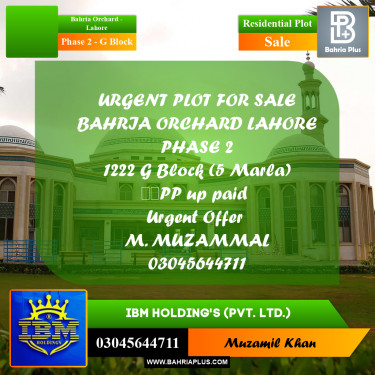 5 Marla Residential Plot for Sale in Phase 2 - G Block -  Bahria Orchard, Lahore - (BP-313507)