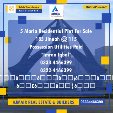 5 Marla Residential Plot for Sale in Sector E - Jinnah Block -  Bahria Town, Lahore - (BP-313536)