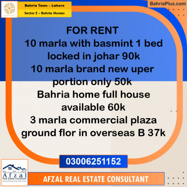 5 Marla Residential House for Rent in Sector E - Bahria Homes -  Bahria Town, Lahore - (BP-313606)