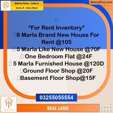 Residential House for Rent in Sector B - Umer Block -  Bahria Town, Lahore - (BP-313630)