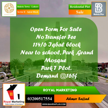 10 Marla Residential Plot for Sale in Sector E - Iqbal Block -  Bahria Town, Lahore - (BP-313641)