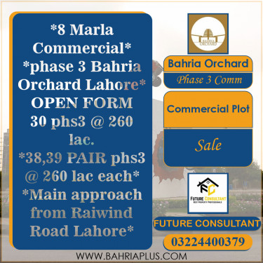 8 Marla Commercial Plot for Sale in Phase 3 Commercial -  Bahria Orchard, Lahore - (BP-313732)