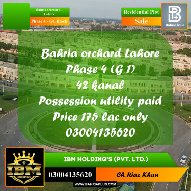 1 Kanal Residential Plot for Sale in Phase 4 - G1 Block -  Bahria Orchard, Lahore - (BP-313874)