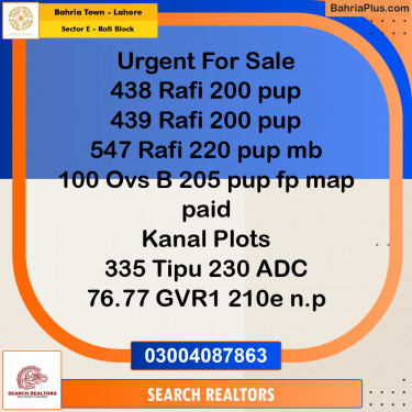 10 Marla Residential Plot for Sale in Sector E - Rafi Block -  Bahria Town, Lahore - (BP-313883)