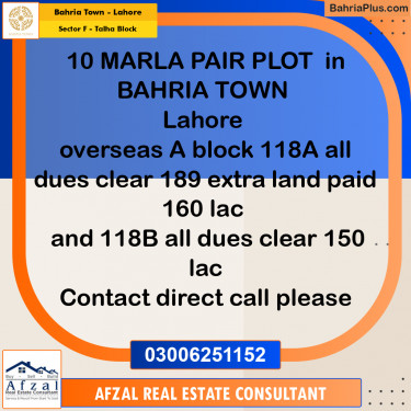 10 Marla Residential Plot for Sale in Sector F - Talha Block -  Bahria Town, Lahore - (BP-313996)