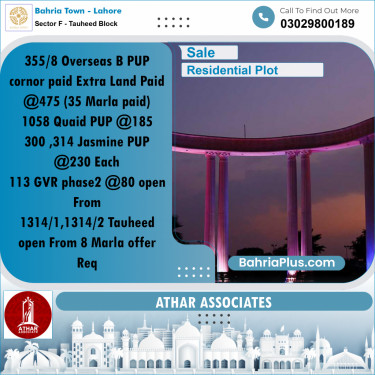 8 Marla Residential Plot for Sale in Sector F - Tauheed Block -  Bahria Town, Lahore - (BP-314140)