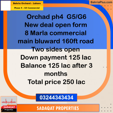 8 Marla Commercial Plot for Sale in Phase 4 - G5 Commercial -  Bahria Orchard, Lahore - (BP-314214)