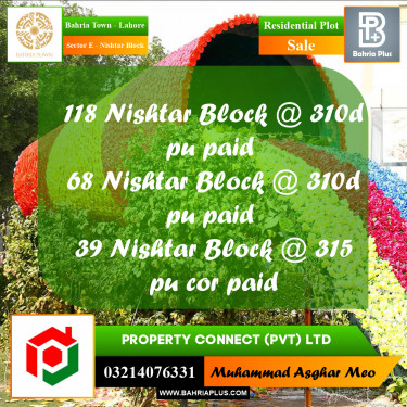 20 Marla Residential Plot for Sale in Sector E - Nishtar Block -  Bahria Town, Lahore - (BP-314293)