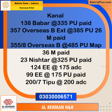 1 Kanal Residential Plot for Sale in Overseas B Ext -  Bahria Town, Lahore - (BP-314393)
