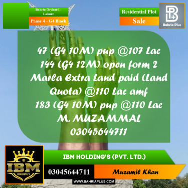10 Marla Residential Plot for Sale in Phase 4 - G4 Block -  Bahria Orchard, Lahore - (BP-314654)