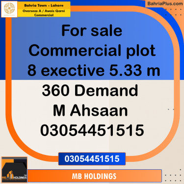 8.55 Marla Commercial Plot for Sale in Overseas A / Awais Qarni Commercial -  Bahria Town, Lahore - (BP-314749)
