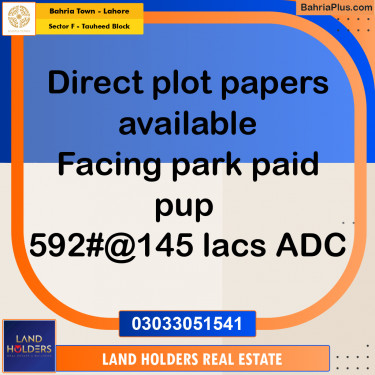 10 Marla Residential Plot for Sale in Sector F - Tauheed Block -  Bahria Town, Lahore - (BP-314765)