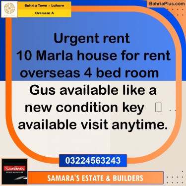 10 Marla Residential House for Rent in Overseas A -  Bahria Town, Lahore - (BP-314814)