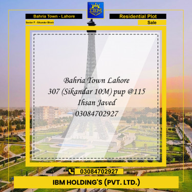 10 Marla Residential Plot for Sale in Sector F - Sikander Block -  Bahria Town, Lahore - (BP-314969)