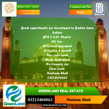 5 Marla Commercial Plot for Sale in Sector B - Umer Commercial -  Bahria Town, Lahore - (BP-314988)