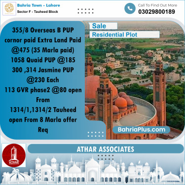 8 Marla Residential Plot for Sale in Sector F - Tauheed Block -  Bahria Town, Lahore - (BP-315023)