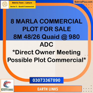 8 Marla Commercial Plot for Sale in Sector E - Quaid Commercial -  Bahria Town, Lahore - (BP-315167)