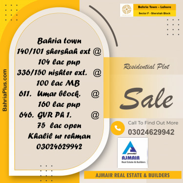 5 Marla Residential Plot for Sale in Sector F - Shershah Block -  Bahria Town, Lahore - (BP-315180)