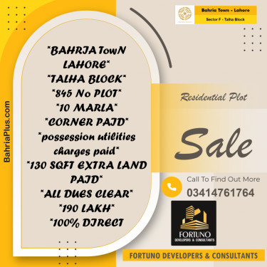 10 Marla Residential Plot for Sale in Sector F - Talha Block -  Bahria Town, Lahore - (BP-315235)