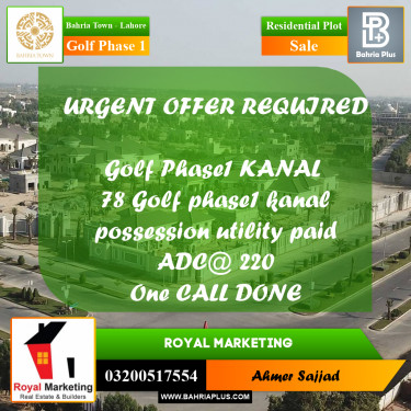 1 Kanal Residential Plot for Sale in Golf Phase 1 -  Bahria Town, Lahore - (BP-315269)