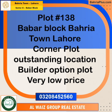 20 Kanal Residential Plot for Sale in Sector A - Babar Block -  Bahria Town, Lahore - (BP-315346)