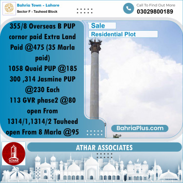 8 Marla Residential Plot for Sale in Sector F - Tauheed Block -  Bahria Town, Lahore - (BP-315359)