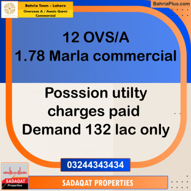 1.78 Marla Commercial Plot for Sale in Overseas A / Awais Qarni Commercial -  Bahria Town, Lahore - (BP-315369)