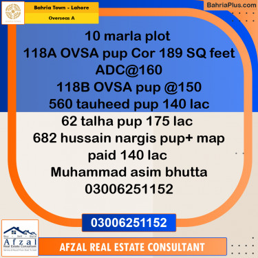 10 Marla Residential Plot for Sale in Overseas A -  Bahria Town, Lahore - (BP-315567)