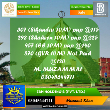 10 Marla Residential Plot for Sale in Sector E - Johar Block -  Bahria Town, Lahore - (BP-315585)