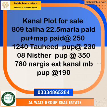 20 Marla Residential Plot for Sale in Sector F - Tauheed Block -  Bahria Town, Lahore - (BP-315616)
