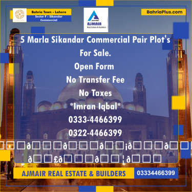 5 Marla Commercial Plot for Sale in Sector F - Sikandar Commercial -  Bahria Town, Lahore - (BP-315783)