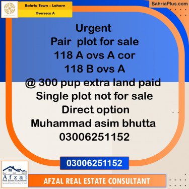 10 Marla Residential Plot for Sale in Overseas A -  Bahria Town, Lahore - (BP-315881)