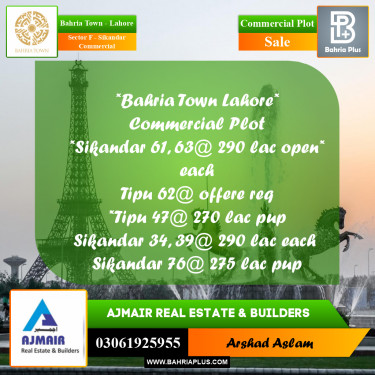 Commercial Plot for Sale in Sector F - Sikandar Commercial -  Bahria Town, Lahore - (BP-315950)