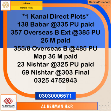 1 Kanal Residential Plot for Sale in Bahria Town, Lahore - (BP-315987)