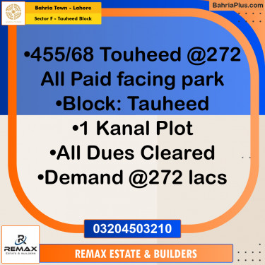 1 Kanal Residential Plot for Sale in Sector F - Tauheed Block -  Bahria Town, Lahore - (BP-315994)