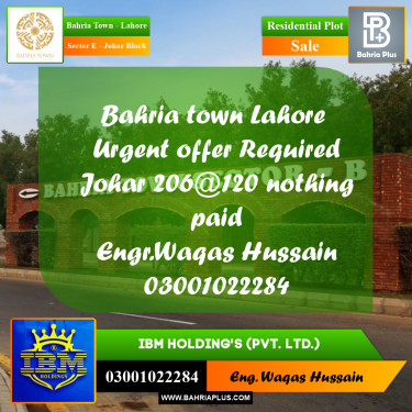 10 Marla Residential Plot for Sale in Sector E - Johar Block -  Bahria Town, Lahore - (BP-316240)