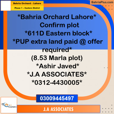 8.53 Marla Residential Plot for Sale in Phase 1 - Eastern District -  Bahria Orchard, Lahore - (BP-316308)