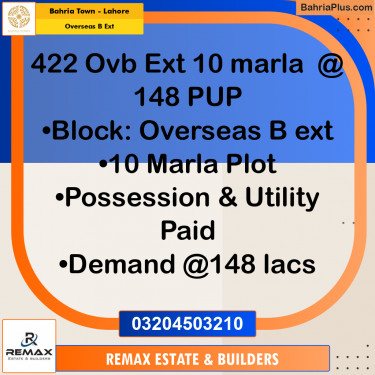 10 Marla Residential Plot for Sale in Overseas B Ext -  Bahria Town, Lahore - (BP-316412)