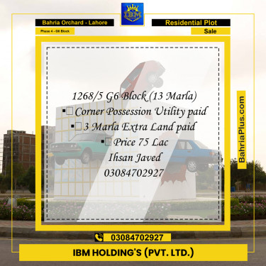 13 Marla Residential Plot for Sale in Phase 4 - G6 Block -  Bahria Orchard, Lahore - (BP-316539)