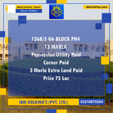 13 Marla Residential Plot for Sale in Phase 4 - G6 Block -  Bahria Orchard, Lahore - (BP-316563)