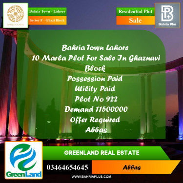 10 Marla Residential Plot for Sale in Sector F - Ghazi Block -  Bahria Town, Lahore - (BP-316642)