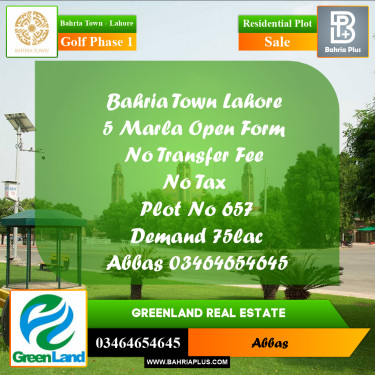 5 Marla Residential Plot for Sale in Golf Phase 1 -  Bahria Town, Lahore - (BP-316656)