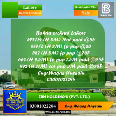8 Marla Residential Plot for Sale in Bahria Orchard, Lahore - (BP-316676)